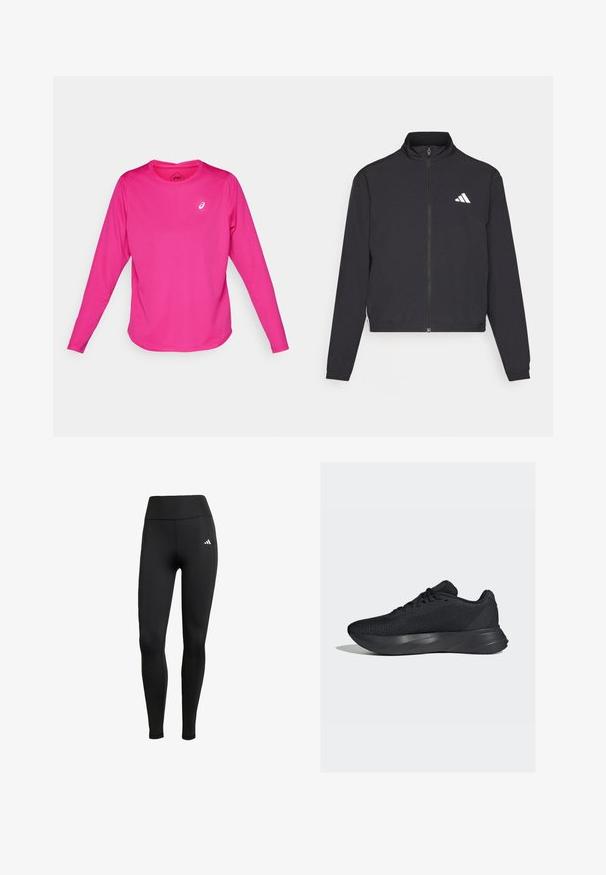 adidas Performance TRAIN ESSENTIALS 3 STRIPES WARM UP - Training jacket - black/white; Long-sleeve athletic shirt in bright pink, made of stretchy fabric. Features a round neckline and a small white logo on the chest.; Black athletic leggings with a high waistband. Made of stretchable fabric featuring a white logo detail on the upper left side.; Black athletic shoes with a mesh upper, textured surface, and a molded midsole for support. Features traditional lacing and a cushioned heel.