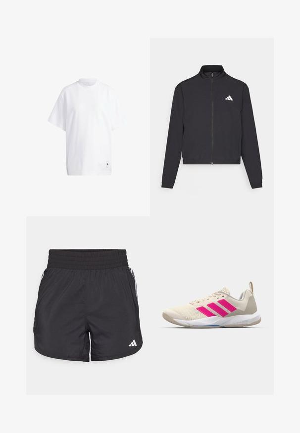 adidas Performance TRAIN ESSENTIALS 3 STRIPES WARM UP - Bluză de trening - black/white; Tricou alb din bumbac, cu mâneci scurte, guler rotund și croială lejeră. Detaliu notabil: un mic logo grafic negru pe tiv.; Șorturi atletice negre, cu talie elastică, buzunare laterale și accente albe pe laterale. Fabricate dintr-un material ușor.; Pantof de sport bej cu logo în trei dungi roz, superior din plasă texturată, guler căptușit și talpă din cauciuc alb, având marca "LIGHTSTRIKE".