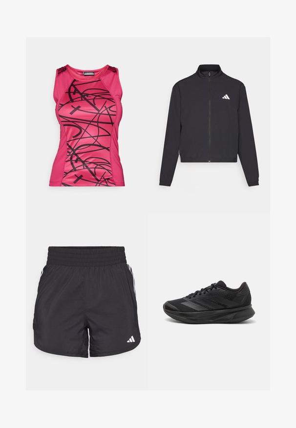 adidas Performance TRAIN ESSENTIALS 3 STRIPES WARM UP - Treningsjakke - black/white; Fittet rosa trenings-T-skjorte med svart abstrakt design, glatt tekstur og kontrasterende skulderdetaljer.; Svarte treningsshorts med elastisk midje, sidelommer og hvite stripeaksenter på sidene. Laget av lett materiale.; Svarte joggesko med pustende mesh-overdel, avrundet tå, slankt design, teksturerte detaljer og en polstret såle for komfort.