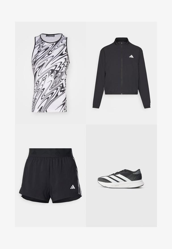 adidas Performance TRAIN ESSENTIALS 3 STRIPES WARM UP - Tréningová bunda - black/white; Bezrukávový top s čierno-bielym mramorovým vzorom, vyrobený z ľahkej látky s okrúhlym výstrihom a plochými švami pre pohodlie.; Čierne športové šortky s elastickým pásom, ktorý má textúrovanú pruh, bočné pruhy a biely logo Adidas na dolnom leme.; Čierna športová obuv s bielymi pruhmi, priedušný zvršok, mäkčená podrážka a elegantný dizajn. Na päte a jazyku sú akcenty sivej farby.