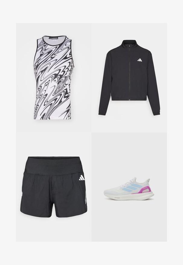 adidas Performance TRAIN ESSENTIALS 3 STRIPES WARM UP - Jakna za treniranje - black/white; Bezrukava majica s crno-bijelim spiralnim uzorkom, izrađena od lagane tkanine, okruglog izreza i ravnih šavova za udobnost.; Crne sportske kratke hlače s širokim elastičnim pojasom, laganom tkaninom i bijelim logotipom na donjoj strani.; adidas Performance PUREBOOST 5 - Tenisice za cestovno trčanje - white/glow blue/purple burst
