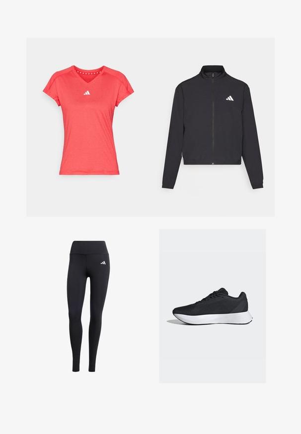 adidas Performance TRAIN ESSENTIALS 3 STRIPES WARM UP - Chaqueta de entrenamiento - black/white; Camiseta deportiva roja de manga corta, con diseño de escote en V y un logo blanco en el pecho. Fabricada con un tejido suave y ligero.; Leggings negras de material elástico, con una cinturilla alta y un pequeño logo blanco, con un acabado suave y mate.; Zapatillas deportivas negras con parte superior de malla transpirable, entresuela blanca y un diseño elegante y curvado; cuentan con cordones y una suela exterior de goma resistente.