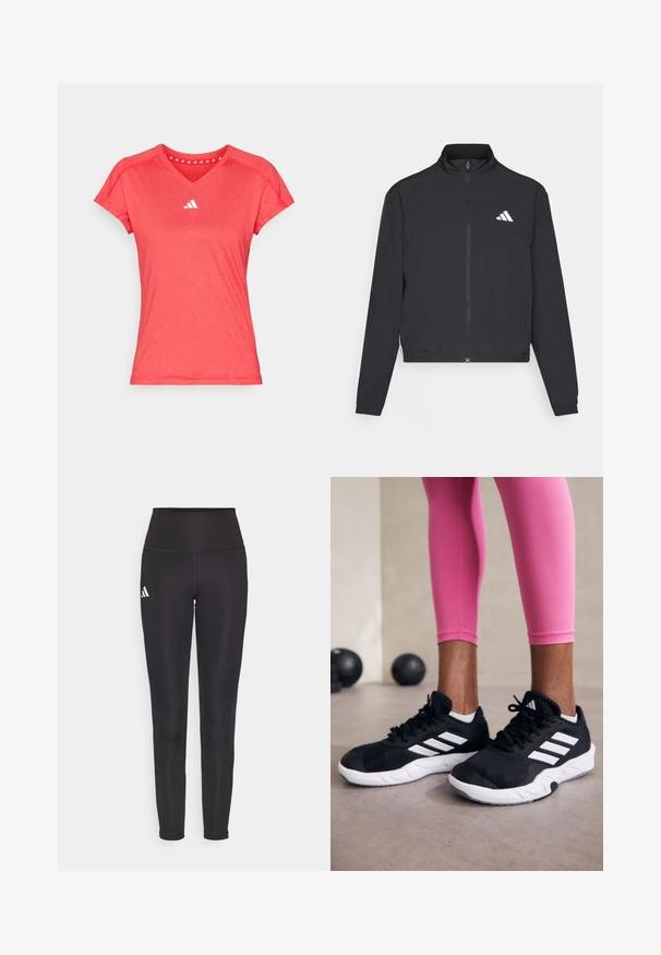 adidas Performance TRAIN ESSENTIALS 3 STRIPES WARM UP - Casaco de treino - black/white; Camiseta atlética vermelha de manga curta, com design em V e um logotipo branco no peito. Feita de um tecido leve e suave.; Leggings pretos de cintura alta feitos de tecido elástico. Apresenta um logótipo branco no lado esquerdo e um design elegante e sem costuras. Textura suave.; Sapatos de treino pretos com riscas brancas, parte superior em malha texturizada e sola branca. Usados com leggings cor-de-rosa, destacando roupa de treino.