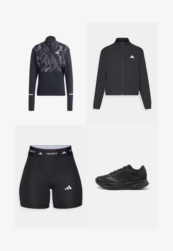 adidas Performance TRAIN ESSENTIALS 3 STRIPES WARM UP - Verryttelytakki - black/white; Musta urheilullinen pullover, jossa on vetoketju kaula-aukossa, pitkät hihat ja rohkea kuviollinen yläosa. Valmistettu kevyestä ja hengittävästä kankaasta. Heijastavat yksityiskohdat.; Lyhyet mustat shortsit, jotka on valmistettu joustavasta kankaasta ja joissa on muotoiltu malli. Ominaisuuksiin kuuluu leveä musta vyötärönauha, johon on merkitty "TECHFIT", sekä valkoinen logo jalassa.; Mustat juoksukengät, joissa on hengittävä verkkoyläosa, pyöreä varvas, sulavalinjainen muotoilu, teksturoidut yksityiskohdat ja pehmustettu pohja mukavuutta varten.