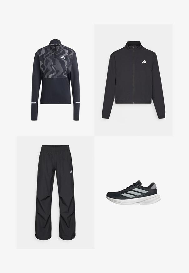 adidas Performance TRAIN ESSENTIALS 3 STRIPES WARM UP - Træningsjakke - black/white; Sort atletisk pullover med lynlås i halsen, lange ærmer og et markant mønster på overdelen. Fremstillet af let og åndbart stof. Reflekterende detaljer.; Sorte, letvægts, vandtætte bukser med elastisk talje, sidelommer og justerbare manchetter. Har et hvidt logo på venstre lår.; Sort løbesko med mesh-overdel, tre sølvstriber, hvid mellemsål og struktureret ydersål. Har polstret krave og snørelukning.