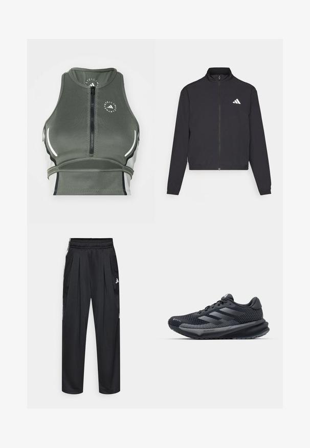 adidas Performance TRAIN ESSENTIALS 3 STRIPES WARM UP - Verryttelytakki - black/white; Urheilullinen vihreä lyhyt toppi, joka on valmistettu joustavasta kankaasta, jossa on edessä vetoketju, kevyt muotoilu, valkoiset yksityiskohdat ja pyöreä logo.; Mustat urheiluhousut, joissa on laskokset, joustava vyötärönauha ja sivuraidat. Valmistettu sileästä kankaasta, jossa on valkoinen Adidas-logo.; Musta urheilusandaali, jossa on teksturoitu verkkopinta, heijastavat yksityiskohdat, pehmustettu pohja ja virtaviivainen muotoilu. Varustettu kolmella raidalla logolla.