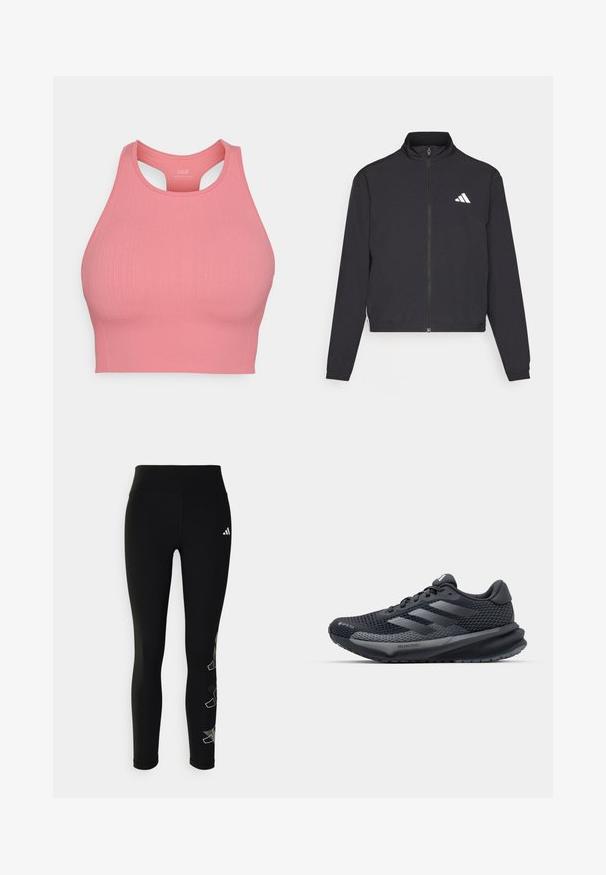 adidas Performance TRAIN ESSENTIALS 3 STRIPES WARM UP - Træningsjakke - black/white; Rosa ribbet sports-bh med høj hals og racerback-design. Lavet af strækbart stof for komfort og støtte. Ingen synlig hardware.; Sorte leggings lavet af strækbart materiale, med høj talje og et reflekterende logo på hoften, samt et geometrisk accentdesign på benet.; Sort sportsko med en struktureret mesh-overdel, refleksaccenter, polstret sål og et strømlinet design. Har tre-stribe logo.