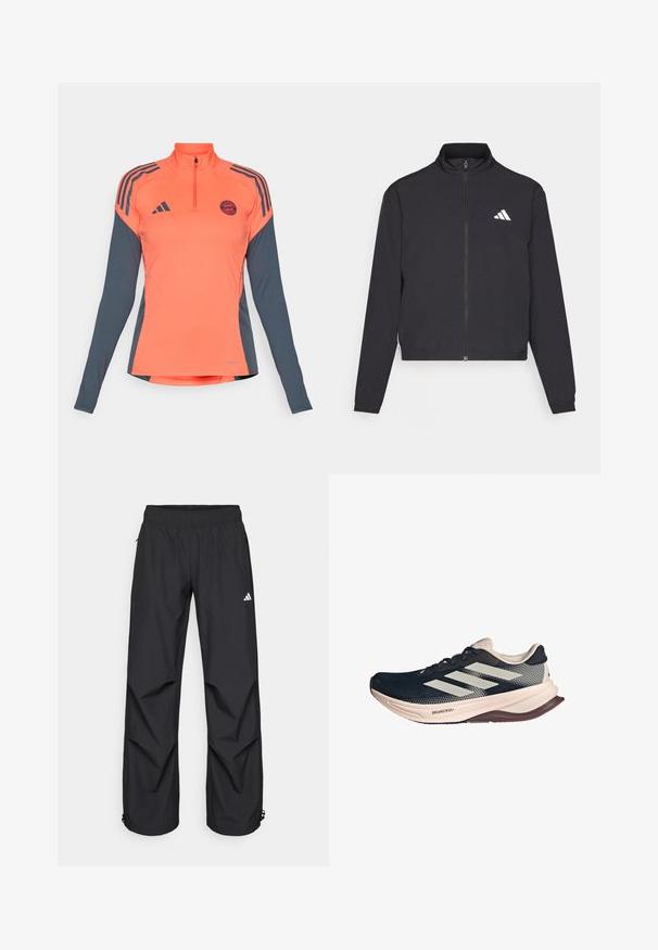 adidas Performance ESSENTIALS 3 STRIPES czarny; Długi rękaw sportowej koszulki z półzamkiem, w intensywnym kolorze koralowym, szarymi rękawami, trzema czarnymi paskami i okrągłym logo na piersi.; Czarne, lekkie, wodoodporne spodnie z elastycznym pasem, bocznymi kieszeniami i regulowanymi mankietami. Posiadają białe logo na lewej udzie.; Buty biegowe z ciemnoniebieską siateczką, jasnobeżową podeszwą i białym wzorem w trzy paski. Charakteryzują się smukłym, aerodynamicznym kształtem oraz teksturowanymi akcentami.
