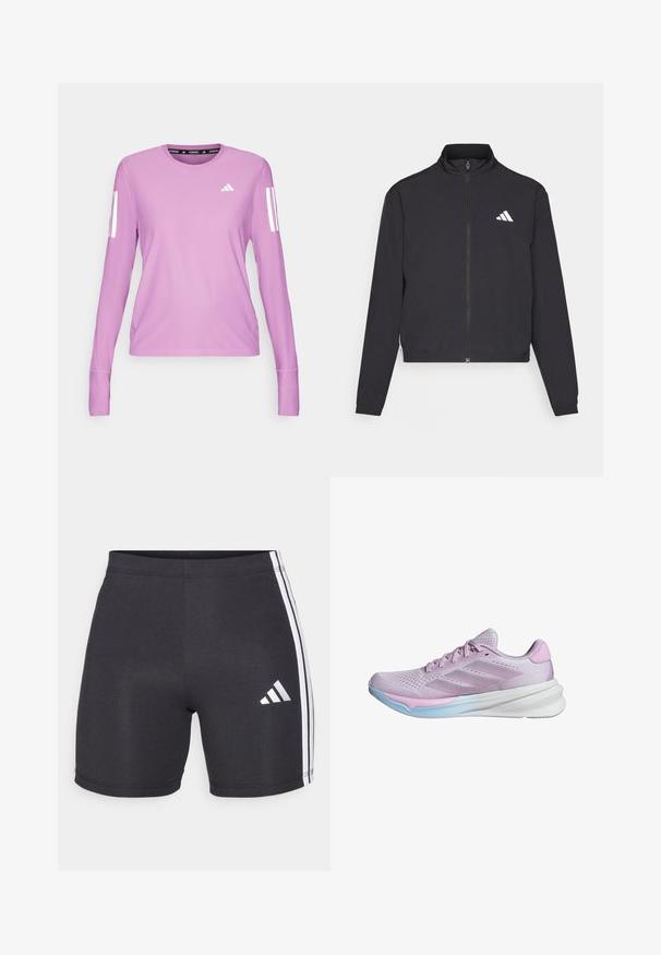 adidas Performance TRAIN ESSENTIALS 3 STRIPES WARM UP - Trainingsvest - black/white; adidas Performance Longsleeve - preloved purple; Zwarte sportshorts van rekbare stof, met witte zijstrips en een Adidas-logo op de onderkant van het rechterbeen. Als een gladde textuur.; Lichtpaarse hardloopschoen met een ademende bovenkant van mesh, witte tussenzool en een lichtblauwe buitenzool. Kenmerkt zich door drie strepen aan de zijkant.