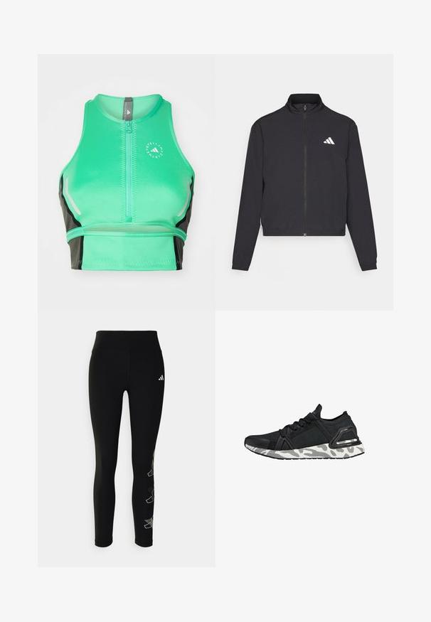 adidas Performance TRAIN ESSENTIALS 3 STRIPES WARM UP - Jakna za treniranje - black/white; Zeleni sportski crop top s patentnim zatvaračem sprijeda, s crnim naglascima, reflektirajućim detaljima i logotipom. Izrađen od glatkog, rastezljivog materijala.; Crne tajice napravljene od rastezljivog materijala, s visokim pojasom i reflektirajućim logotipom na kuku, uz geometrijski naglasak dizajna na nozi.; Crne atletske cipele s gornjim dijelom od teksturirane tkanine, gumenom kapicom za prste i bijelim uzorcima na potplatu. Imaju siguran sustav vezivanja i potporni petni dio.