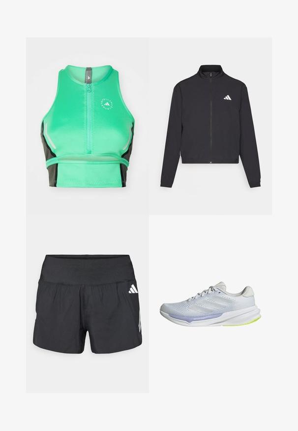 adidas Performance TRAIN ESSENTIALS 3 STRIPES WARM UP - Giacca sportiva - black/white; Crop top sportivo verde con zip frontale, caratterizzato da accenti neri, dettagli riflettenti e un logo. Realizzato in tessuto liscio e elastico.; Pantaloncini sportivi neri con una fascia elastica larga in vita, tessuto leggero e dettagli del logo bianco sul lato inferiore.; Scarpa da ginnastica bianca con tomaia in rete traspirante, design texturizzato e dettagli in lavanda. Presenta una suola ammortizzata con dettagli verde sulla suola.