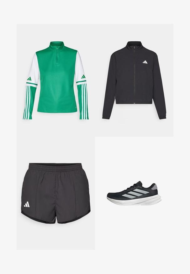 adidas Performance TRAIN ESSENTIALS 3 STRIPES WARM UP - Chaqueta de entrenamiento - black/white; Top atlético de poliéster verde con collar alto, cierre de media cremallera, mangas blancas y tres rayas blancas en cada manga.; Pantalones cortos deportivos negros hechos de tela ligera, con una cintura elástica y un logo blanco de Adidas en la parte inferior izquierda.; Zapatilla de correr negra con parte superior de malla, tres franjas plateadas, media suela blanca y suela texturizada. Incluye un cuello acolchado y cierre de cordones.