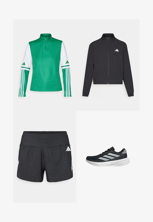 adidas Performance TRAIN ESSENTIALS 3 STRIPES WARM UP - Trainingsjacke - black/white; Grünes Polyester-Sportoberteil mit hohem Kragen, halber Reißverschluss, weißen Ärmeln und drei weißen Streifen auf jedem Ärmel.; Schwarze Sportshorts mit einem breiten elastischen Bund, leichtem Stoff und weißen Logoakzenten an der unteren Seite.; Schwarzer Laufschuh mit Mesh-Obermaterial, drei silbernen Streifen, weißer Zwischensohle und strukturiertem Außensohle. Verfügt über einen gepolsterten Schaft und eine Schnürung.