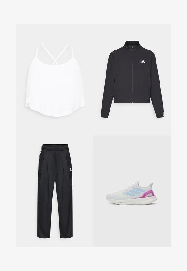 adidas Performance TRAIN ESSENTIALS 3 STRIPES WARM UP - Training jacket - black/white; White sleeveless top with crossed spaghetti straps, rounded hem, and soft fabric texture. No visible patterns or hardware details.; Black athletic pants with pleats, elastic waistband, and side stripes. Made from smooth fabric, featuring the Adidas logo in white.; adidas Performance PUREBOOST 5 - Road running shoes - white/glow blue/purple burst