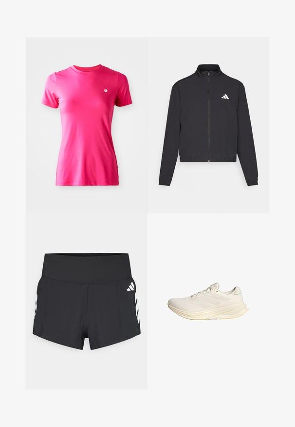 adidas Performance TRAIN ESSENTIALS 3 STRIPES WARM UP - Tréningová bunda - black/white; Tričková košeľa s krátkym rukávom a okrúhlym výstrihom v jasne ružovej farbe, s malým bielym logom na ľavej strane hrudníka a hladkou textúrou.; Čierne športové šortky s priliehavým pásom a hladkým povrchom. Na bokoch sú biele akcentové pruhy. Ľahký a priedušný materiál.; Svetlo béžová športová obuv s vrchnou časťou z sieťoviny, plochými šnúrkami a polstrovanou podrážkou. Obsahuje dizajn troch pruhov na bočnej strane.