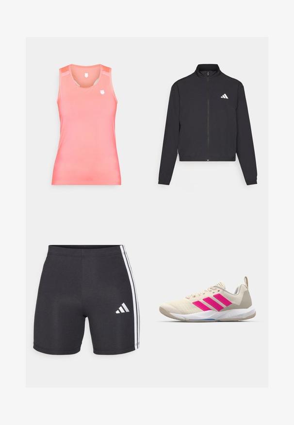 adidas Performance TRAIN ESSENTIALS 3 STRIPES WARM UP - Training jacket - black/white; Sleeveless tank top in gradient coral color, made from smooth, stretchy fabric. Features a small logo on the chest and mesh detailing at shoulders.; Black athletic shorts made of stretch fabric, featuring white side stripes and an Adidas logo on the lower right leg. Smooth texture.; Beige athletic shoe with pink three-stripe logo, textured mesh upper, padded collar, and white rubber sole, featuring "LIGHTSTRIKE" branding.
