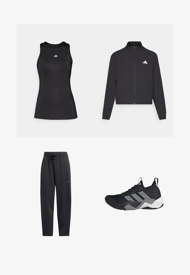 adidas Performance TRAIN ESSENTIALS 3 STRIPES WARM UP - Casaco de treino - black/white; Top atlético preto sem mangas, feito de um tecido suave. Apresenta um decote redondo e um pequeno logotipo branco da Adidas no peito.; Calças de fato pretas feitas de tecido macio, com uma cintura elástica e um cordão, pernas retas e um logótipo discreto na coxa.; Shoe atlético preto com um cabedal de malha respirável, detalhes em cinza, sola texturizada e três riscas distintas de lado.