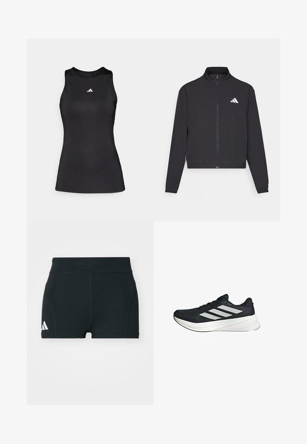 adidas Performance TRAIN ESSENTIALS 3 STRIPES WARM UP - Training jacket - black/white; Black sleeveless athletic top made of smooth fabric. Features a round neckline and a small white Adidas logo on the chest.; Black athletic shorts made of stretchy fabric, featuring a high waistband, fitted shape, and white Adidas logo on the left side.; Black athletic shoe with a textured upper, featuring three white stripes on the side and a white midsole. Lightweight design, streamlined shape.