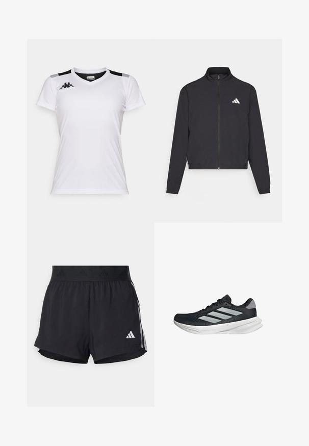 adidas Performance TRAIN ESSENTIALS 3 STRIPES WARM UP - Verryttelytakki - black/white; Valkoinen urheilupaita, joka on valmistettu kevyestä kankaasta. Sisältää v-kaulan, lyhyet hihat ja mustat yksityiskohdat harteilla. Kappa-logo rinnassa.; Mustat urheilushortsit, joissa on joustava vyötärö, jossa on teksturoitu nauha, sivuraidat ja valkoinen Adidas-logo alahelman kohdalla.; Musta juoksukenkä, jossa on verkko-osa ylhäällä, kolme hopeista raitaa, valkoinen välipohja ja teksturoitu pohja. Varustettu pehmustetulla nilkkaremmeillä ja nauhakiinnityksellä.