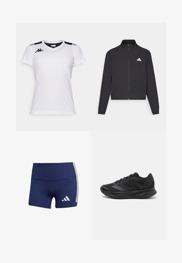 adidas Performance TRAIN ESSENTIALS 3 STRIPES WARM UP - Chaqueta de entrenamiento - black/white; Camiseta deportiva blanca hecha de una tela ligera. Presenta un escote en V, mangas cortas y acentos negros en los hombros. Logo de Kappa en el pecho.; Pantalones cortos deportivos de color azul marino con un ajuste ceñido, hechos de una tela suave, con rayas blancas en los costados y un logotipo en la parte inferior izquierda.; Zapatilla de running negra con parte superior de malla transpirable, punta redondeada, diseño elegante, acentos texturizados y suela acolchada para mayor comodidad.