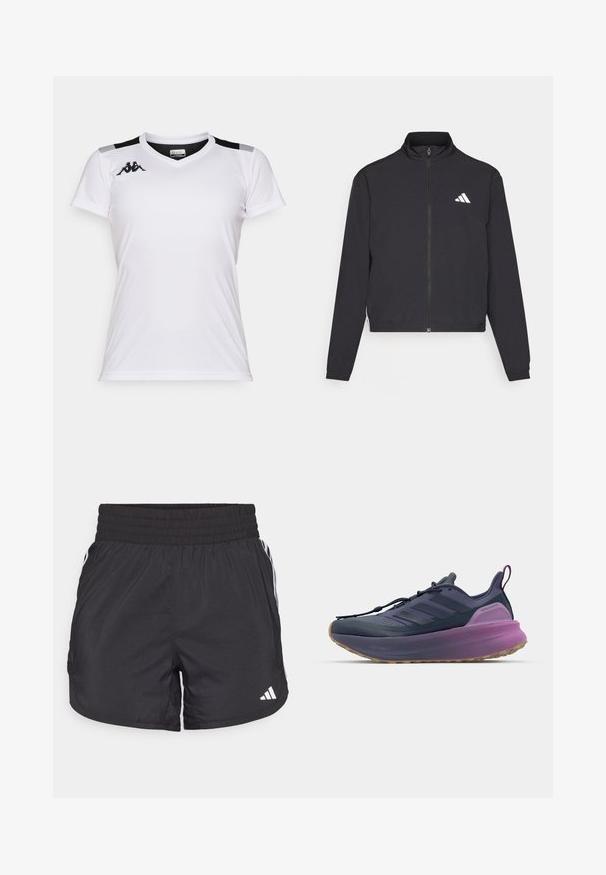 adidas Performance TRAIN ESSENTIALS 3 STRIPES WARM UP - Športna jakna/jopica - black/white; Bela atletska majica iz lahkega materiala. Ima v-izrez, kratke rokave in črne poudarke na ramenih. Kappa logotip na prsih.; Črne atletske kratke hlače z elastičnim pasom, stranskimi žepi in belimi črtami na straneh. Narejene iz lahkega materiala.; adidas Performance ULTRABOOST 5 - Tekaški copati za cesto - shadow navy/legend ink/preloved purple