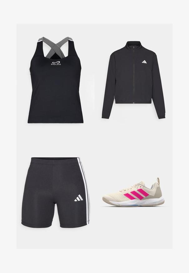 adidas Performance TRAIN ESSENTIALS 3 STRIPES WARM UP - Training jacket - black/white; Endless CROSS - Top - black; Black athletic shorts made of stretch fabric, featuring white side stripes and an Adidas logo on the lower right leg. Smooth texture.; Beige athletic shoe with pink three-stripe logo, textured mesh upper, padded collar, and white rubber sole, featuring "LIGHTSTRIKE" branding.