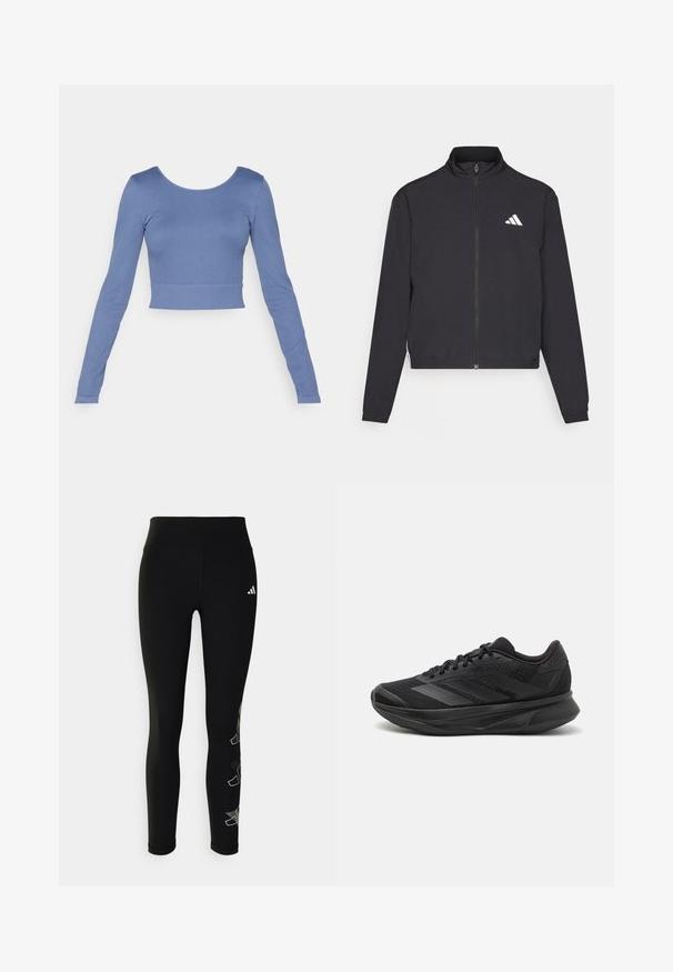 adidas Performance TRAIN ESSENTIALS 3 STRIPES WARM UP - Training jacket - black/white; Long-sleeve, cropped top made of soft blue ribbed fabric. Features a round neckline and fitted design with minimal stitching detail.; Black leggings made from stretchy material, featuring a high waistband and a reflective logo on the hip, with a geometric accent design on the leg.; Black running shoe with a breathable mesh upper, rounded toe, sleek design, textured accents, and a cushioned sole for comfort.