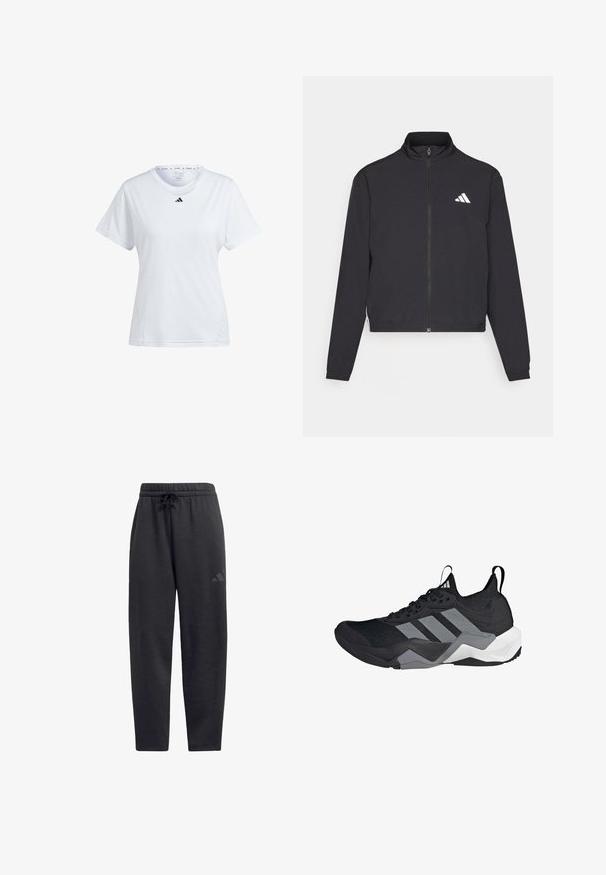 adidas Performance TRAIN ESSENTIALS 3 STRIPES WARM UP - Trainingsvest - black/white; Witte sportieve t-shirt gemaakt van lichtgewicht stof. Korte mouwen, een ronde hals en een klein zwart logo op de borst. Simpel ontwerp.; Zwarte sweatpants van zacht materiaal, met een elastische tailleband en een trekkoord, rechte pijpen en een subtiel logo op de bovenbeen.; Zwarte sportieve schoen met een ademend mesh-bovenwerk, grijze accenten, gestructureerde zool en drie kenmerkende strepen aan de zijkant.