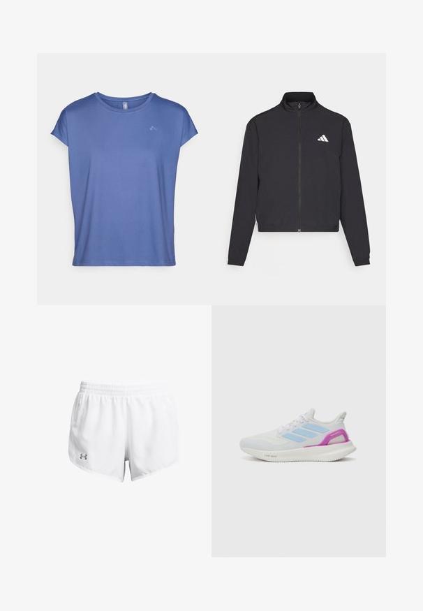 adidas Performance TRAIN ESSENTIALS 3 STRIPES WARM UP - Træningsjakke - black/white; Kortærmet t-shirt med rund hals i lyseblå, lavet af glat stof. Har et diskret logo på brystet og en afslappet, løs pasform.; Hvide sportsshort lavet af letvægtsmateriale med elastisk talje, sidelommer og et lille gråt logo på venstre side.; adidas Performance PUREBOOST 5 - Løbesko til landevejen - white/glow blue/purple burst