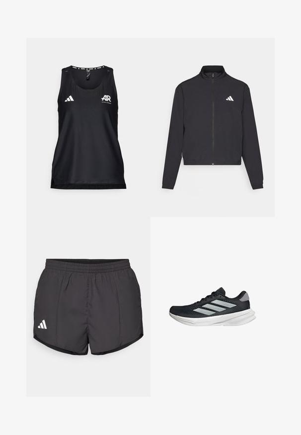 adidas Performance TRAIN ESSENTIALS 3 STRIPES WARM UP - Training jacket - black/white; Black athletic tank top made of breathable fabric. Features a round neckline, regular fit, and white Adidas logo on the front.; Black athletic shorts made of lightweight fabric, featuring an elastic waistband and a white Adidas logo on the lower left side.; Black running shoe with mesh upper, three silver stripes, white midsole, and textured outsole. Features padded collar and lace closure.