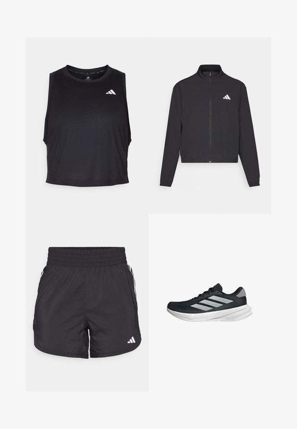 adidas Performance TRAIN ESSENTIALS 3 STRIPES WARM UP - Giacca sportiva - black/white; Top corto da allenamento senza maniche di colore nero, realizzato in tessuto liscio, con scollatura rotonda e un piccolo logo bianco vicino alla spalla.; Pantaloni sportivi neri con elastico in vita, tasche laterali e strisce bianche ai lati. Realizzati in materiale leggero.; Scarpa da corsa nera con tomaia in mesh, tre strisce argentate, intersuola bianca e suola testurizzata. Presenta un colletto imbottito e chiusura con lacci.