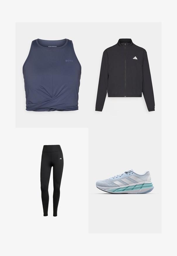 adidas Performance TRAIN ESSENTIALS 3 STRIPES WARM UP - Jakna za treniranje - black/white; Tamno plavi atletski majica bez rukava s okruglim izrezom, s dizajnom upletenog prednjeg dijela i ispisanim riječima "BORG" u svjetlijoj nijansi.; Crne sportske tajice s visokim strukom. Izrađene od rastezljivog materijala s bijelim logom na gornjoj lijevoj strani.; Svijetloplave atletske tenisice s teksturiranim pletenim gornjištem, bijelim detaljima i prozirnom zelenom potplatnom jedinicom. Zaobljen nos i podstavljeni ovratnik.