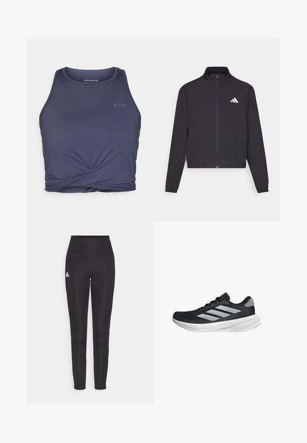adidas Performance TRAIN ESSENTIALS 3 STRIPES WARM UP - Träningsjacka - black/white; Mörkblå sport-topp med rundad halsringning, med en vriden design fram och ordet "BORG" tryckt i en ljusare nyans.; Svart höga leggings gjorda av elastisk tyg. Har en vit logotyp på vänster sida och en slank, sömlös design. Slät textur.; Svart löparskor med meshtopp, tre silverränder, vit mellansula och strukturerad sula. Har vadderad krage och snörning.