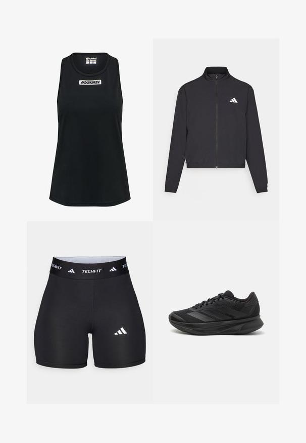 adidas Performance TRAIN ESSENTIALS 3 STRIPES WARM UP - Trainingsvest - black/white; Zwarte tanktop gemaakt van gladde, lichte stof. Kenmerkt zich door een ronde halslijn en een wit "HUMMEL" logo op de voorkant. Geen extra patronen.; Zwarte shorts van rekbaar materiaal met een getailleerd ontwerp. Beschikt over een brede zwarte tailleband met het label "TECHFIT" en een wit logo op het been.; Zwarte hardloopschoen met een ademende mesh bovenkant, ronde neus, slank ontwerp, textuuraccenten en een gevoerde zool voor comfort.