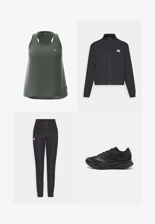 adidas Performance TRAIN ESSENTIALS 3 STRIPES WARM UP - Training jacket - black/white; Green tank top made of textured fabric, featuring a round neckline, racerback design, and subtle logo on the chest.; Black high-waisted leggings made of stretchy fabric. Features a white logo on the left side and sleek, seamless design. Smooth texture.; Black running shoe with a breathable mesh upper, rounded toe, sleek design, textured accents, and a cushioned sole for comfort.