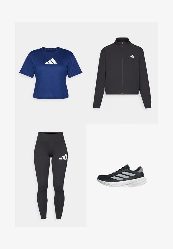 adidas Performance TRAIN ESSENTIALS 3 STRIPES WARM UP - Verryttelytakki - black/white; Sininen urheilupaita, joka on valmistettu kevyestä kankaasta. Paidassa on lyhyet hihat ja edessä valkoinen logo, jossa on kolme vinoa raitaa.; Mustat leggingsit, jotka on valmistettu joustavasta materiaalista, sisältävät korkean vyötärön ja kolme valkoista vinoraitaa vasemmalla reidellä. Suora pinta.; Musta juoksukenkä, jossa on verkko-osa ylhäällä, kolme hopeista raitaa, valkoinen välipohja ja teksturoitu pohja. Varustettu pehmustetulla nilkkaremmeillä ja nauhakiinnityksellä.