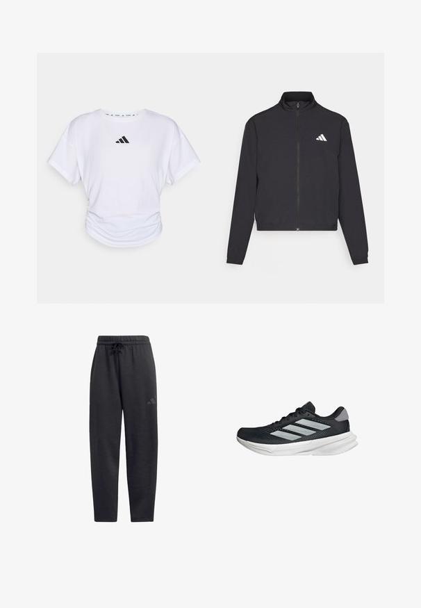 adidas Performance TRAIN ESSENTIALS 3 STRIPES WARM UP - Giacca sportiva - black/white; T-shirt bianco a maniche corte con scollatura rotonda, caratterizzato da un logo Adidas nero sulla parte superiore del petto e una texture arricciata in vita.; Pantaloni felpati neri realizzati in morbido tessuto, dotati di un elastico in vita con cordino, gambe dritte e un logo discreto sulla coscia.; Scarpa da corsa nera con tomaia in mesh, tre strisce argentate, intersuola bianca e suola testurizzata. Presenta un colletto imbottito e chiusura con lacci.