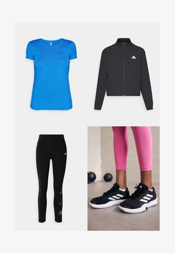 adidas Performance ESSENTIALS 3 STRIPES czarny; Niebieska koszulka z krótkim rękawem z lekkiego materiału, z okrągłym dekoltem i gładką teksturą. Dyskretne logo na górnej lewej stronie.; Czarne legginsy wykonane z elastycznego materiału, z wysokim stanem i odblaskowym logo na biodrze, z geometrycznym akcentem na nodze.; Czarne sportowe buty z białymi paskami, teksturowana siateczkowa cholewka i biała podeszwa. Nosi je osoba w różowych legginsach, prezentując odzież treningową.