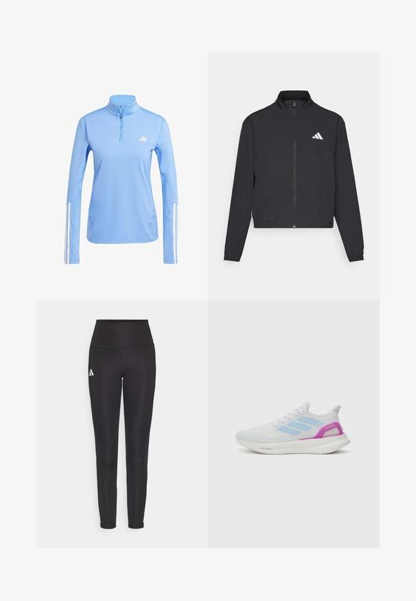 adidas Performance TRAIN ESSENTIALS 3 STRIPES WARM UP - Trainingsjacke - black/white; Helle blaue Langarmoberteil mit einem Viertelreißverschluss-Kragen, versehen mit dem weißen Adidas-Logo und drei weißen Streifen entlang der Ärmel. Glatte Stofftextur.; Schwarze hochgeschnittene Leggings aus dehnbarem Stoff. Mit einem weißen Logo auf der linken Seite und einem eleganten, nahtlosen Design. Glatte Textur.; adidas Performance PUREBOOST 5 - Laufschuh Straße - white/glow blue/purple burst