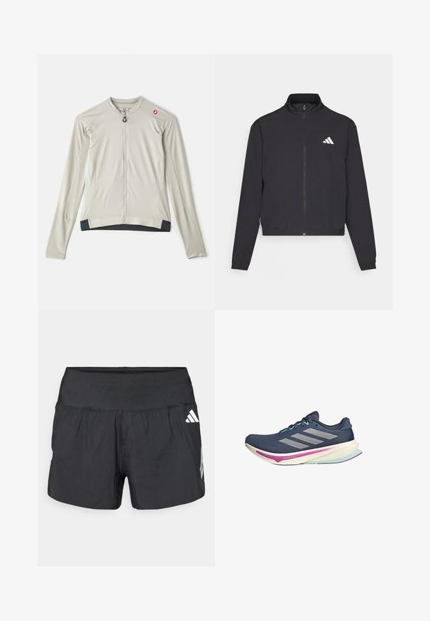 adidas Performance ESSENTIALS 3 STRIPES czarny; Jasnoszara, długosięgowa kurtka kolarska z zamkiem z przodu, teksturowana tkanina oraz ciemnoniebieskie akcenty na zakończeniach rękawów i u dołu.; Czarne spodenki sportowe z szerokim elastycznym pasem, lekkim materiałem i białymi akcentami logo na dolnej stronie.; Granatowe buty biegowe z siateczkową cholewką, srebrnymi paskami, miętowymi akcentami oraz wyściełaną podeszwą z różowymi i turkusowymi detalami dla wygody.