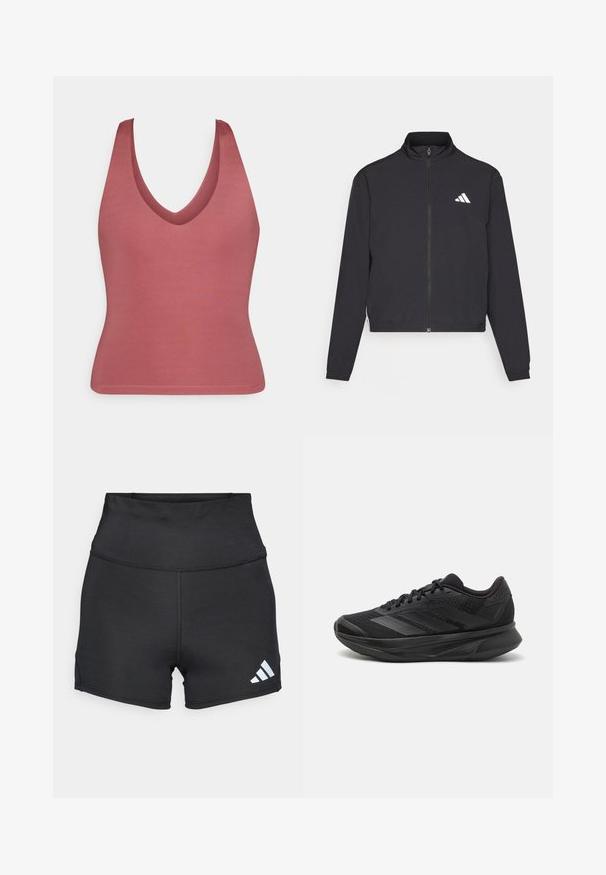 adidas Performance TRAIN ESSENTIALS 3 STRIPES WARM UP - Training jacket - black/white; V-neck sleeveless top in muted pink, made of smooth fabric. Form-fitting design with a simple, seamless hem and no additional embellishments.; adidas Performance Leggings - black; Black running shoe with a breathable mesh upper, rounded toe, sleek design, textured accents, and a cushioned sole for comfort.
