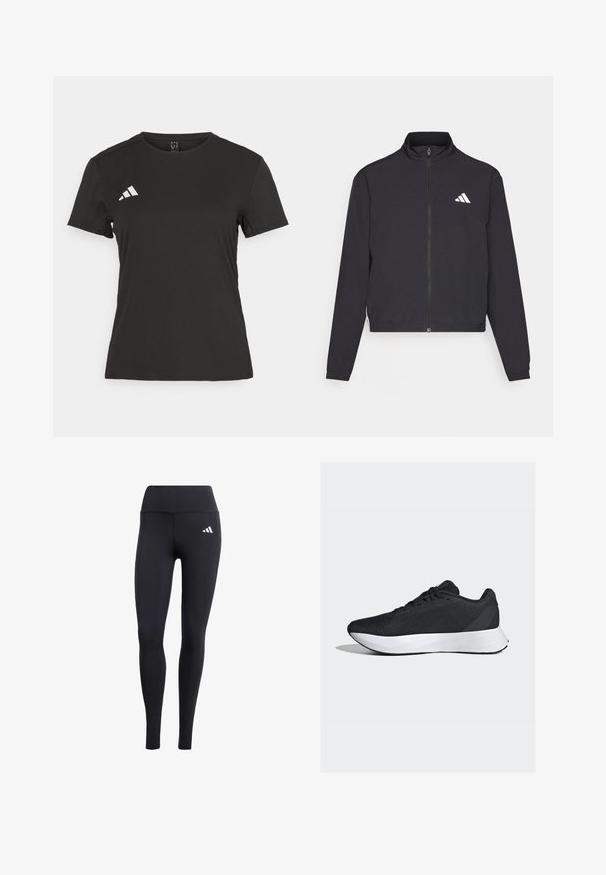 adidas Performance TRAIN ESSENTIALS 3 STRIPES WARM UP - Chaqueta de entrenamiento - black/white; Camiseta atlética negra hecha de tela suave. Presenta un cuello redondo, mangas cortas y un logo blanco en el área del pecho izquierdo.; Leggings negras de material elástico, con una cinturilla alta y un pequeño logo blanco, con un acabado suave y mate.; Zapatillas deportivas negras con parte superior de malla transpirable, entresuela blanca y un diseño elegante y curvado; cuentan con cordones y una suela exterior de goma resistente.