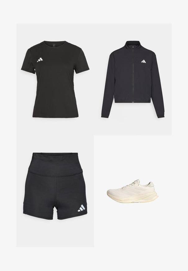 adidas Performance TRAIN ESSENTIALS 3 STRIPES WARM UP - Športna jakna/jopica - black/white; Črna športna majica iz gladkega blaga. Ima okrogel izrez, kratke rokave in belo logo na levi strani prsnega dela.; adidas Performance Pajkice - black; Svetlo bež športni copat z mrežno zgornjico, ravnimi vezalkami in oblazinjenim podplatom. Ima zasnovo s tremi črtami na bočni strani.