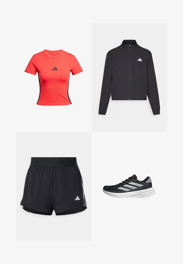 adidas Performance TRAIN ESSENTIALS 3 STRIPES WARM UP - Training jacket - black/white; Red short-sleeve t-shirt made of cotton, featuring a round neck, slim fit, and a black Adidas logo on the chest with black side accents.; Black athletic shorts with an elastic waistband, featuring a textured band, side stripes, and a white Adidas logo on the lower hem.; Black running shoe with mesh upper, three silver stripes, white midsole, and textured outsole. Features padded collar and lace closure.