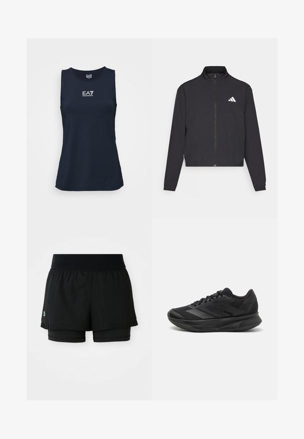 adidas Performance TRAIN ESSENTIALS 3 STRIPES WARM UP - Sportovní bunda - black/white; Námořnická bezrukávová sportovní tílko vyrobené z hladké látky. Obsahuje bílé logo EA7 na hrudi. Jednoduchý, přiléhavý design.; Černé sportovní kraťasy s plisovanou vnější vrstvou a vnitřními přiléhavými kraťasy. Mají vroubkovaný pas pro pohodlí a flexibilitu.; Černé běžecké boty s prodyšným síťovaným svrškem, kulatou špičkou, elegantním designem, texturovanými detaily a polstrovanou podrážkou pro pohodlí.