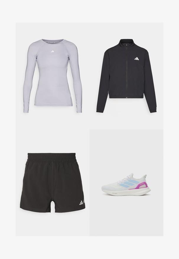 adidas Performance TRAIN ESSENTIALS 3 STRIPES WARM UP - Casaco de treino - black/white; adidas Performance TF LS T - Camisola de manga comprida - glory grey; Calções atléticos pretos feitos de um tecido leve. Apresentam uma cintura elástica, bolso lateral com fecho éclair e um logo refletor na barra.; adidas Performance PUREBOOST 5 - Sapatos para corrida em estrada - white/glow blue/purple burst