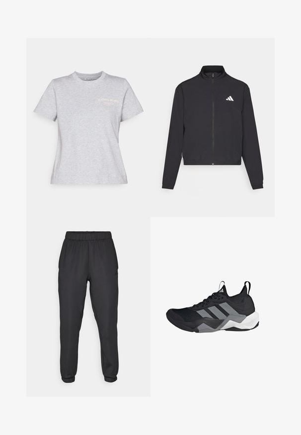 adidas Performance TRAIN ESSENTIALS 3 STRIPES WARM UP - Tréning dzseki - black/white; Szürke pamut póló, kerek nyakkivágással, rövid ujjakkal, rózsaszín nyomtatott logóval, amelyen az "BJÖRN BORG STOCKHOLM 1986" felirat szerepel a mellrészen.; Fekete sportos melegítőnadrágok gumis derékkal és mandzsettákkal. Sima anyag, oldalán logóval és tapered (keskenyített) szabással.; Fekete sportcipő, lélegző hálós felsőrésszel, szürke kiegészítőkkel, texturált talppal és három jellegzetes csíkkal az oldalon.