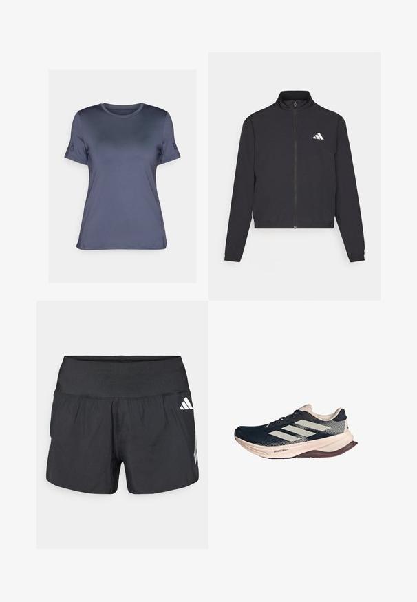 adidas Performance TRAIN ESSENTIALS 3 STRIPES WARM UP - Sportovní bunda - black/white; Krátký rukáv, tmavě šedé sportovní tričko vyrobené z hladkého materiálu, s kulatým výstřihem a logem na levém rukávu.; Černé sportovní šortky s širokým elastickým pasem, lehkou tkaninou a bílými logy na dolní straně.; Běžecká obuv s tmavě modrým síťovaným svrškem, světle béžovou podešví a bílým trojpruhovým designem. Vyznačuje se štíhlým, aerodynamickým tvarem a texturovanými akcenty.