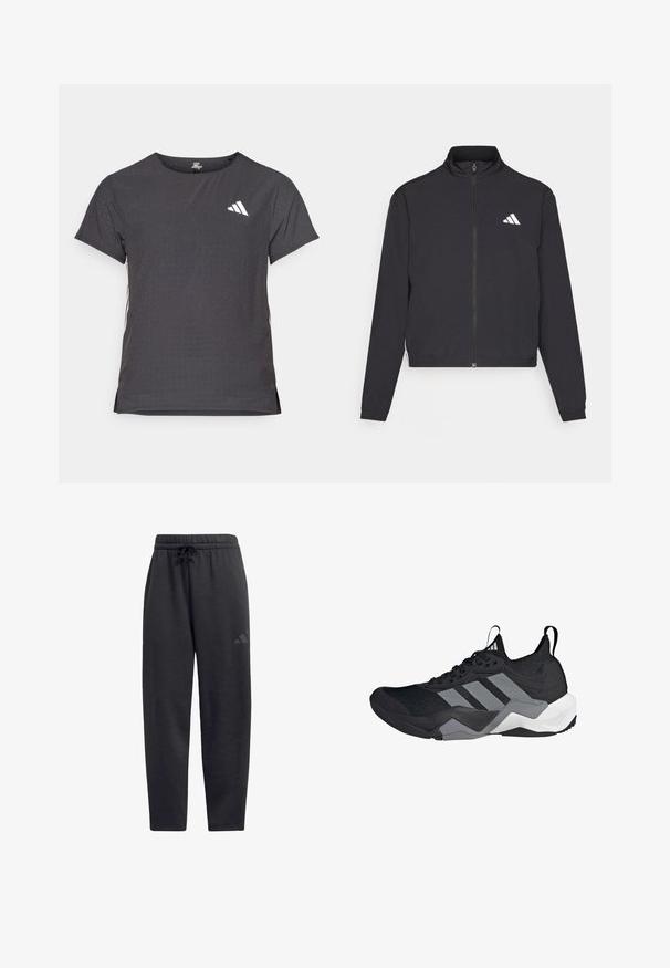 adidas Performance TRAIN ESSENTIALS 3 STRIPES WARM UP - Treningsjakke - black/white; Kortermet treningstrøye, mørkegrå med perforert tekstur. Har en hvit logo og kontrasterende side-striper. Rund halslinje.; Sorte joggebukser laget av mykt stoff, med elastisk midjebånd og snøring, rette ben og en diskret logo på låret.; Svart idrettssko med et pustende mesh-overdel, grå aksenter, teksturert såle og tre distinkte striper på siden.