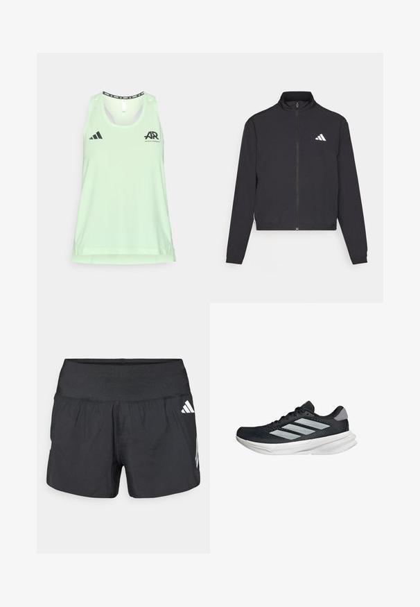 adidas Performance TRAIN ESSENTIALS 3 STRIPES WARM UP - Träningsjacka - black/white; Ljusgrön ärmlös träningslinne av andningsbart material, med svart adidas-logotyp och löpningsgrafik vid halsringningen och på bröstet.; Svarta sportshorts med bred resår i midjan, lättviktstyg och vita logodetaljer på nedre sidan.; Svart löparskor med meshtopp, tre silverränder, vit mellansula och strukturerad sula. Har vadderad krage och snörning.